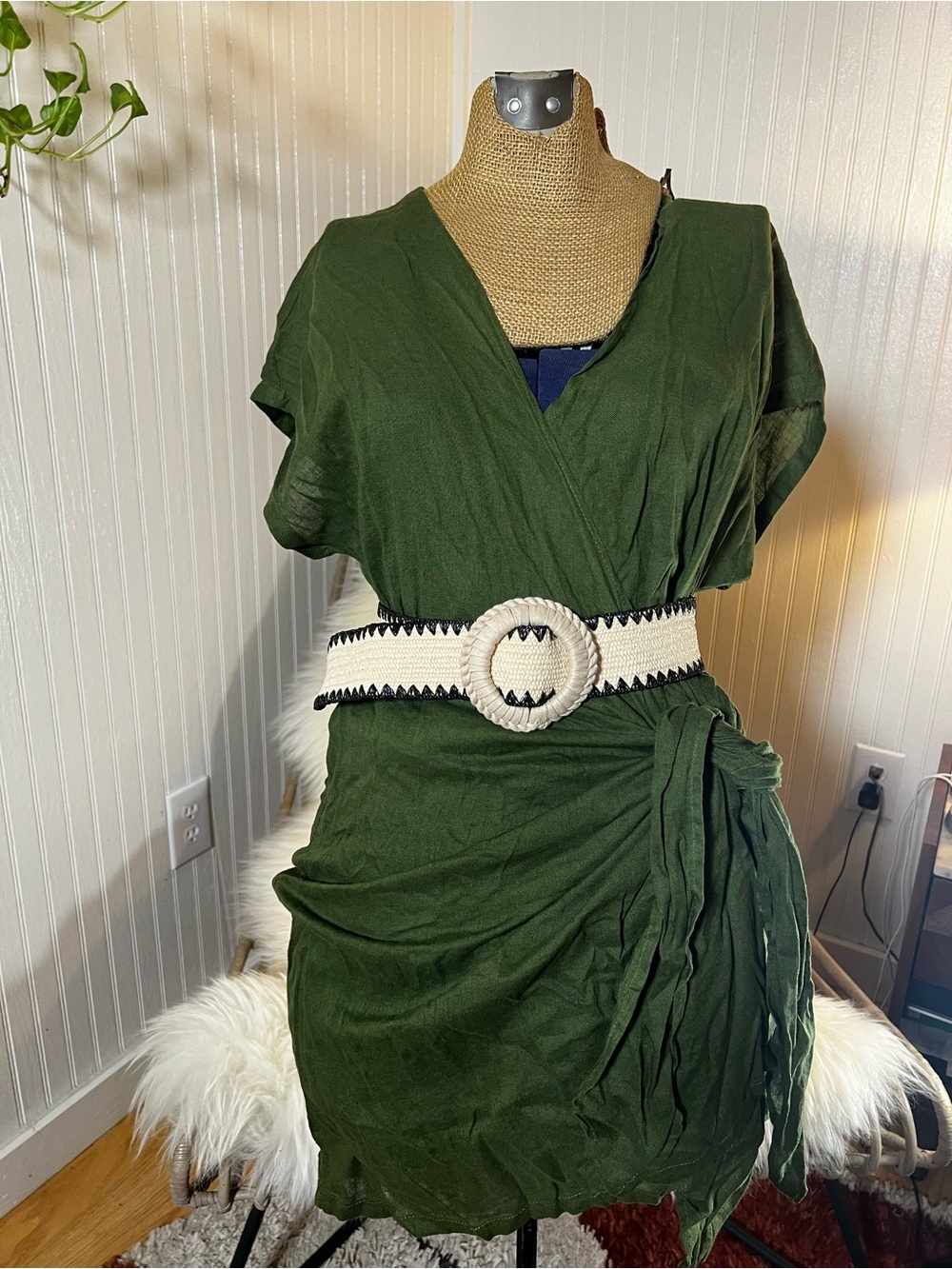 Women's Tahari Olive Green Wrap Dress with Ivory Woven Belt